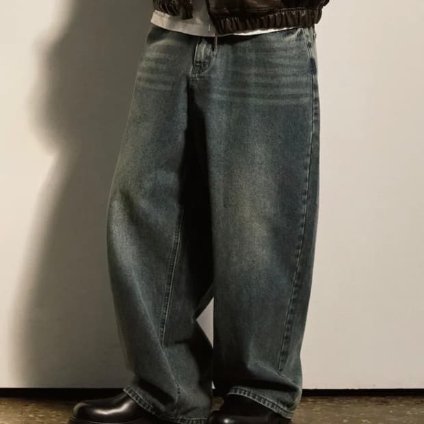 브이투 빈티지 워시드 와이드 데님 팬츠