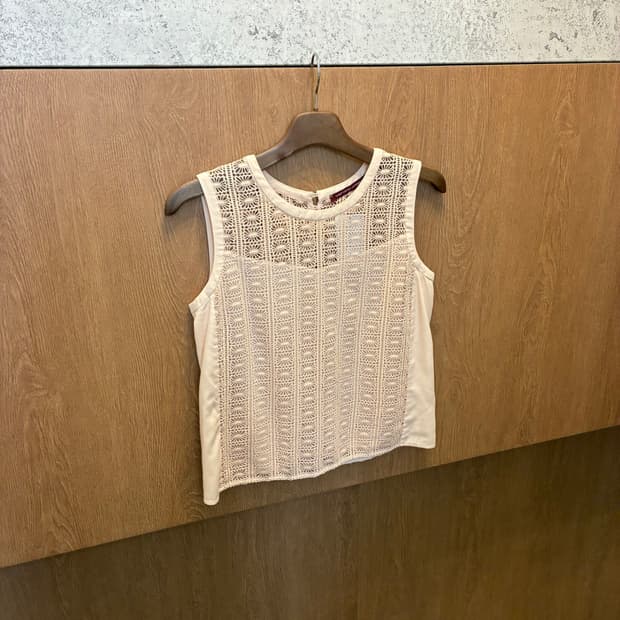 빈티지 슬리브리스 블라우스 플라워 크로셰 레이스 디테일 핑크 k431
