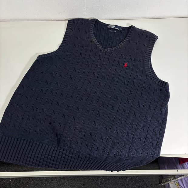 95 폴로 랄프로렌 네이비 꽈배기 브이넥 니트조끼