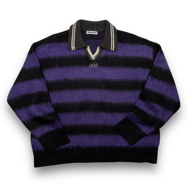 taptaptap 모헤어 럭비 카라 퍼플 스트라이프 오버핏 니트