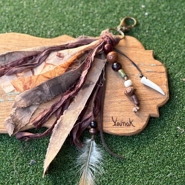 #Br2 핸드메이드 보헤미안 웨스턴 에스닉 실크 나염 깃털 키링 참