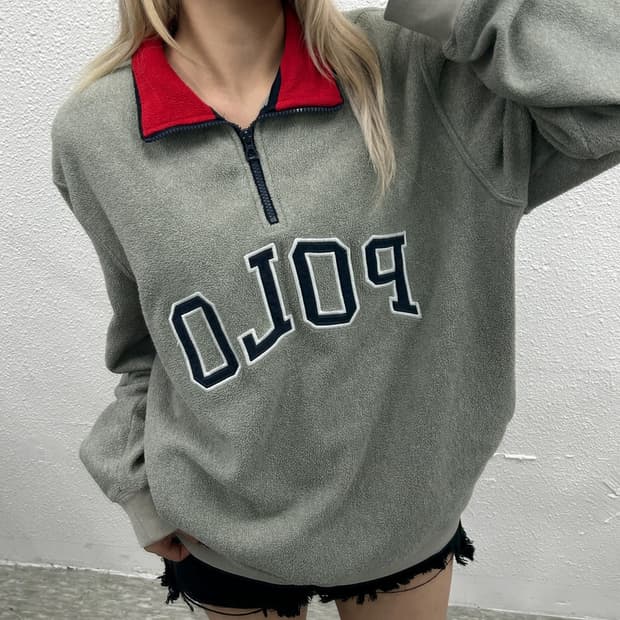 폴로 랄프로렌 센터로고 레드배색 그레이 플리스 반집업 L