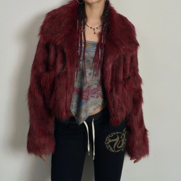 배디 Flecked Ash Fur Jacket Burgundy