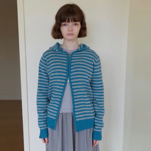 노컨텐츠 스트라이프 니트 후드 집업 민트