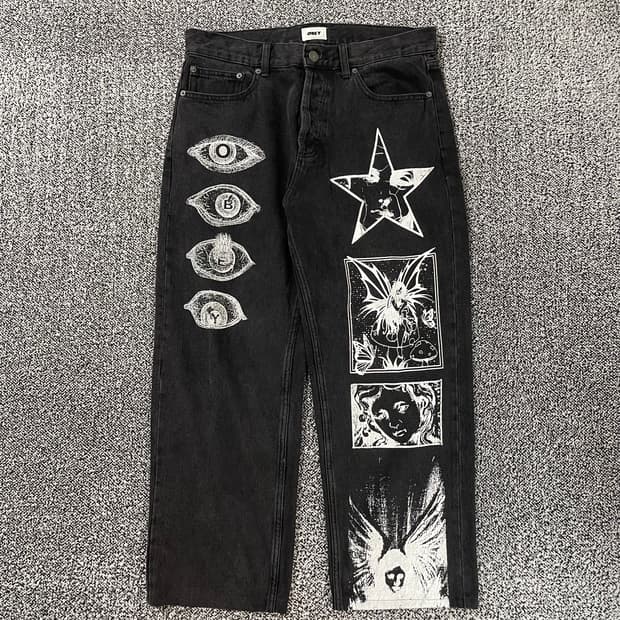 빈티지9. 오베이 Obey 하드워크 드림 데님 팬츠 흑청 청바지 프린팅