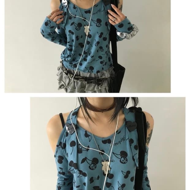 히스테릭글래머 체리 오프숄더 블루 빈티지 히글 버테클 대장템