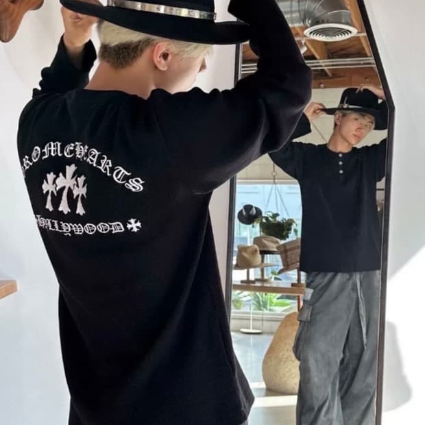 [XL] 크롬하츠 세메터리 크로스 헨리넥 와플 니트 블랙