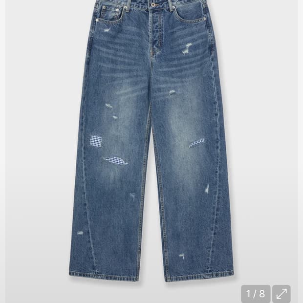 CHECK PATCHWORK DENIM PANTS [MID BLUE]