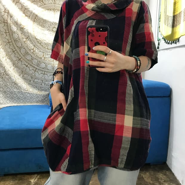 제페니즈 빈티지 하이넥 체크 반팔 블라우스 (Z1445)