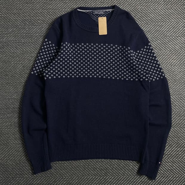 타미힐피거 패턴 라운드넥 니트 네이비o 5022