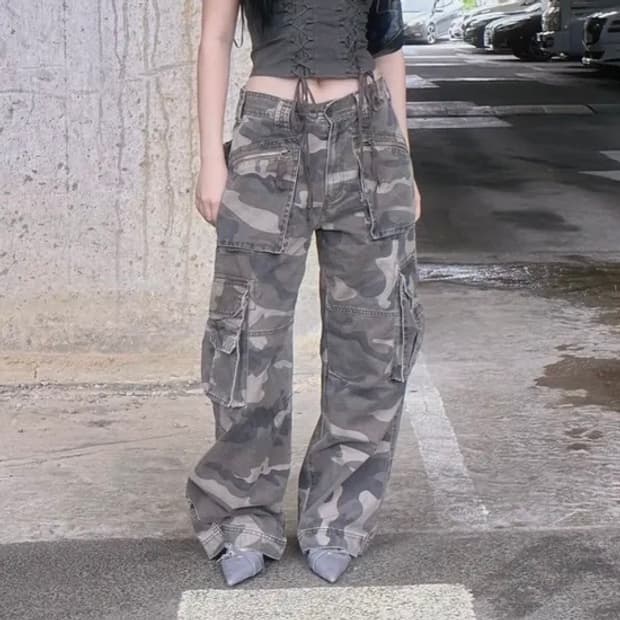 카모 멀티포켓 워싱 밀리터리 코튼 팬츠 브라운 XS