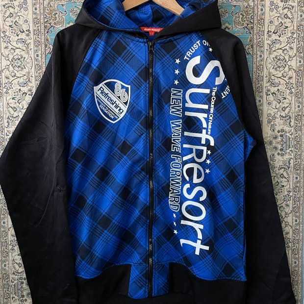 JPN Y2K 블루체크 그래픽 나그랑 후드집업1670