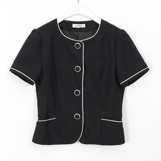 일본 빈티지 블랙 도트 배색 라운드넥 반팔 자켓