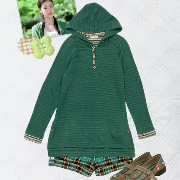 ꒰ঌ 말차 맛 나무 단추 후드 원피스 ໒꒱
