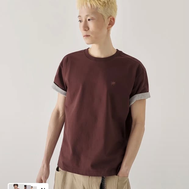 [크롭] 배색 롤업 크롭 반팔 티셔츠_버건디