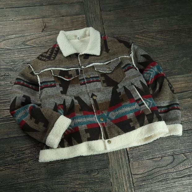 [빈티지] 에스닉 패턴 안감 양털 뽀글이 모직 무스탕 자켓 M18733