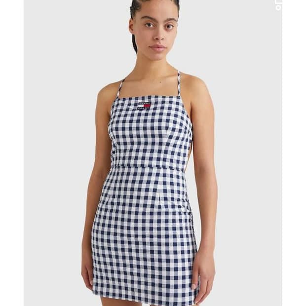 타미힐피거 타미진 오픈백 깅엄 미니 원피스