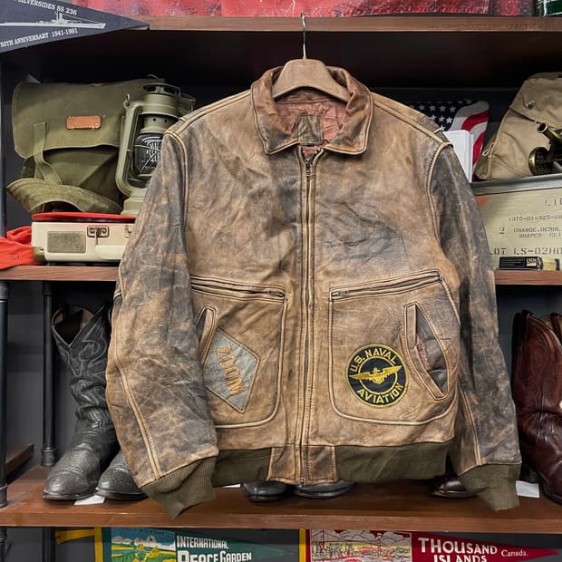 90s USA 빈티지 밀리터리 해군 항공 패치 A2 레더 봄버 자켓