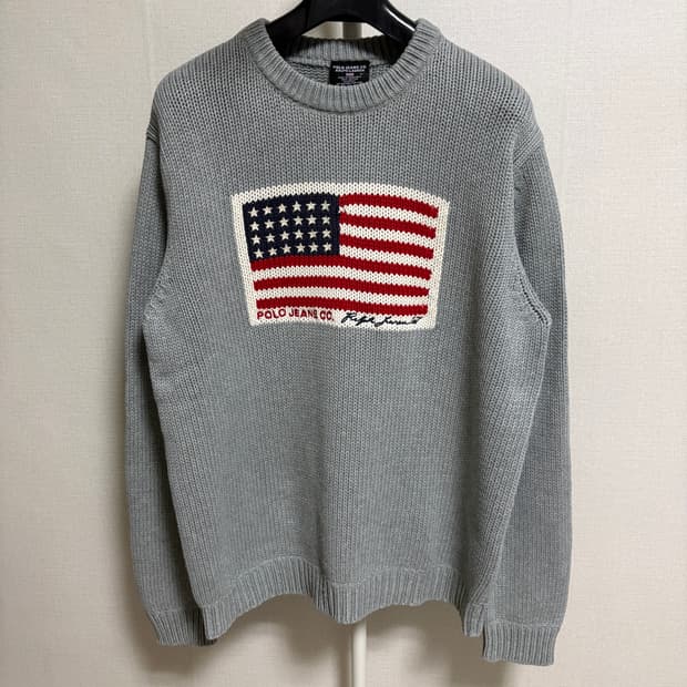 폴로 진스 성조기 코튼 니트 / 그레이, M