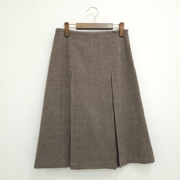 일본 DAKS 울100% 하운드체크 플리츠 브라운 미디스커트