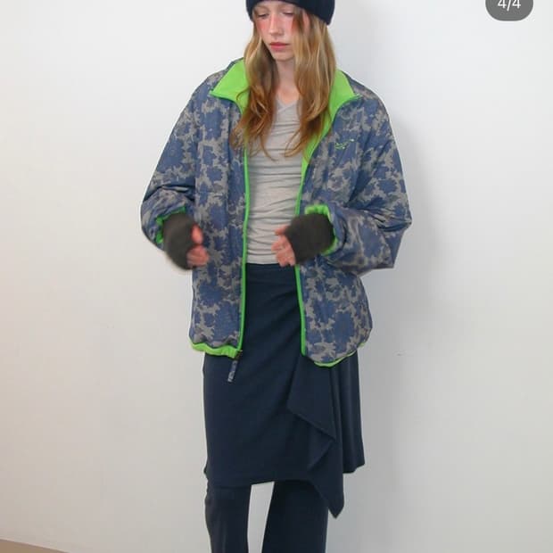 포에브 플라워체크 리버시블 후리스 자켓 - 그린블루