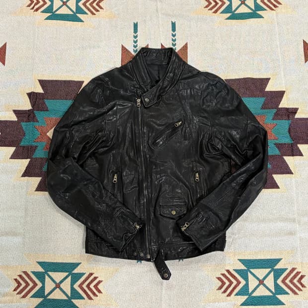 Glossy sheep skin biker leather jacket