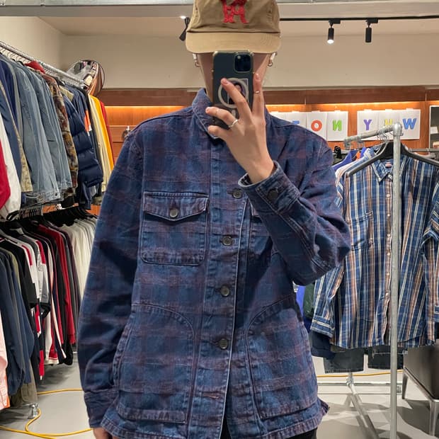 빈티지 체크 데님 셔츠 자켓  