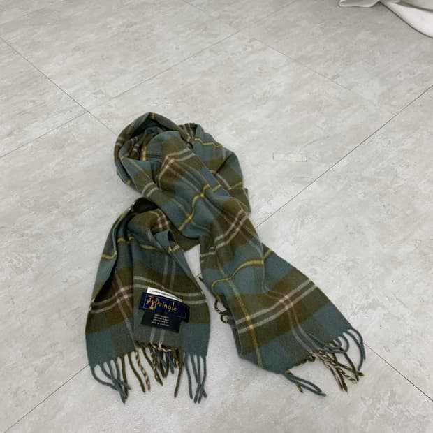 Green & sky-blue plaid cashmere scarf