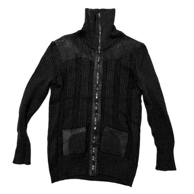 Ramana - 레더 믹스드 하이넥 니트 자켓