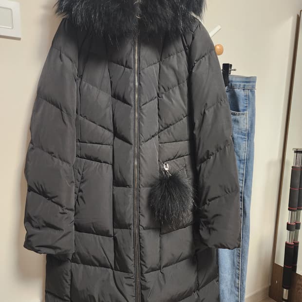 abplus 블랙 후드 라쿤퍼 롱 덕다운 패딩