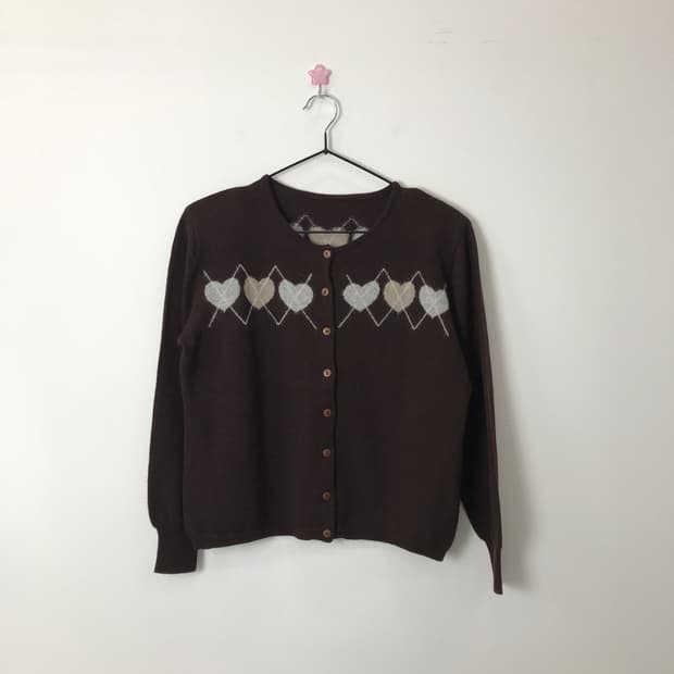Jpn Brown Heart Argyle Wool Cardigan