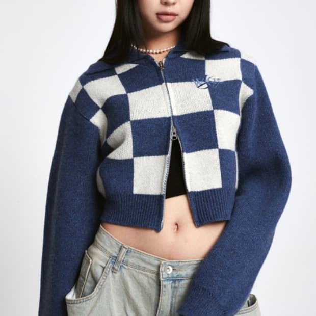 [원더비지터] Wool Checkerboard Knit Zip-up - 