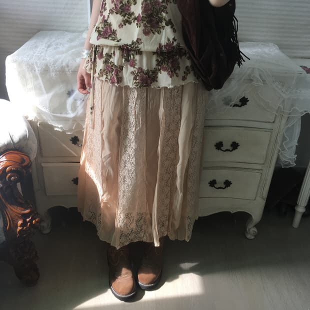 일본빈티지 베이지 레이스 쉬폰 플리츠 스커트