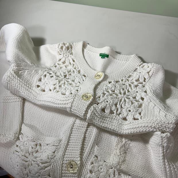 우먼M 유나이티드 베네통 플라워시스루 면니트 와플가디건