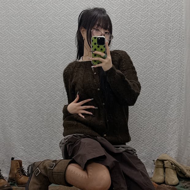 빈티지 모리 모카브라운 오버핏 니트 뜨개 가디건 K0016