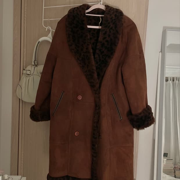 90s 초콜릿 브라운 레오파드 퍼 리얼 레더 양털 롱 무스탕 갸루 자켓