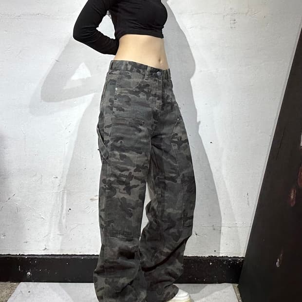일본 빈티지 카키 밀리터리 카모 더블니 와이드 군복 바지 카고 팬츠 