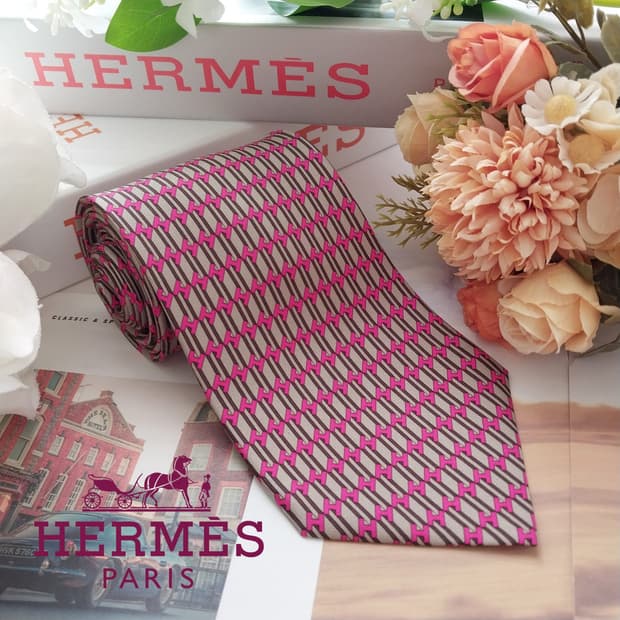에르메스 실크 베이지&핑크 H 패턴 넥타이 9.5cm A+등급 K1889