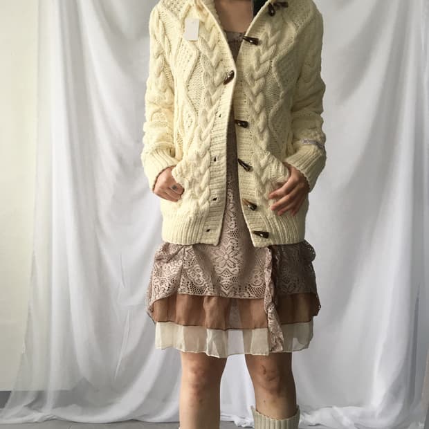 Duffle button cable pattern hood knit ca