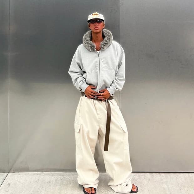 엘무드 울프 퍼 트리밍 후드 집업 멜란지 그레이