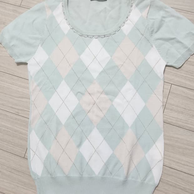 히메갸루 일브 아가일 니트 반팔 티셔츠 큐빅 비쥬 디테일 민트 리즈리사