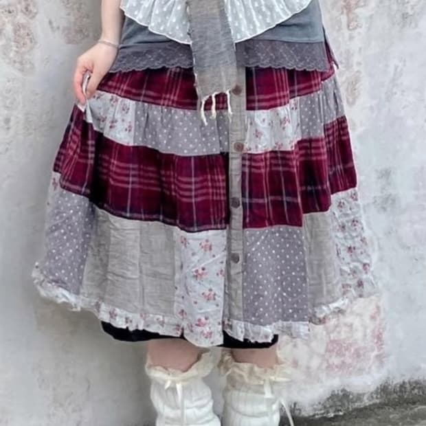 빈티지 패치스커트 패치워크 모리걸 하구미 페어리 레드 딸기 체크 잔꽃