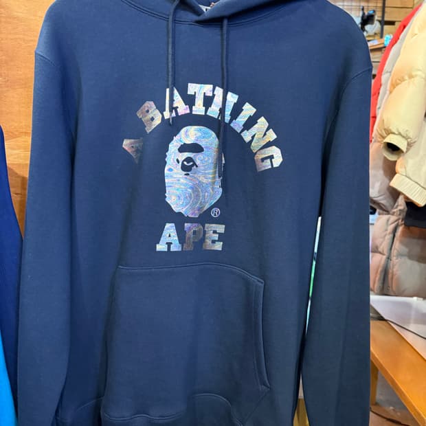 베이프 홀로그램 로고 네이비 후드티