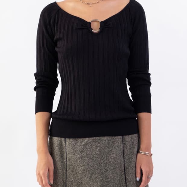 링 와이드넥 니트 탑 티셔츠