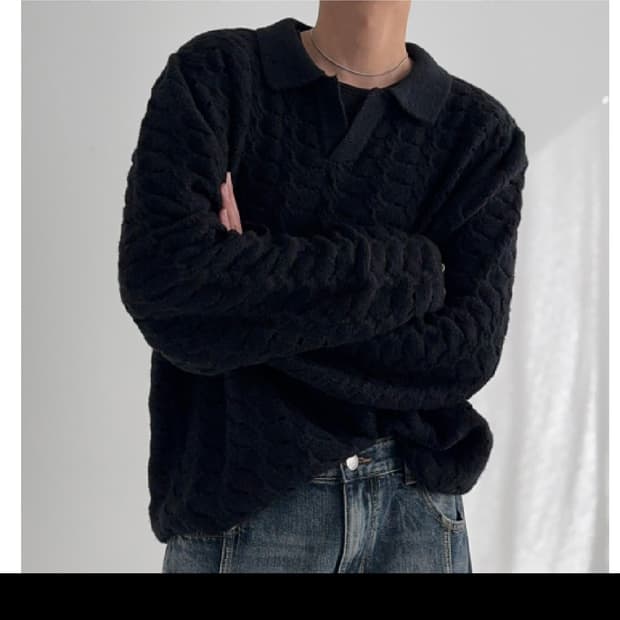 Free / 블랙 ) 핏 이쁜 펀칭 오버핏 카라 니트