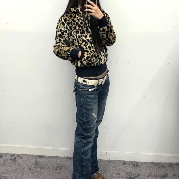 레오파드 퍼 후드 자켓