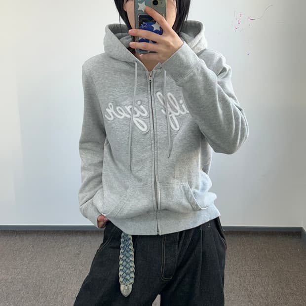 Tommy Hilfiger 타미힐피거 레터링로고 퍼안감 그레이 후드집업 