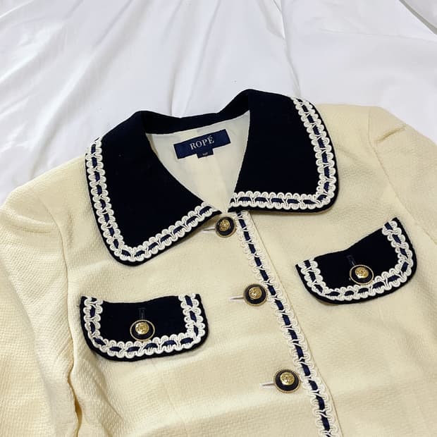 빈티지 ) 레이스트리밍 버터옐로우 미디원피스 & 롱자켓