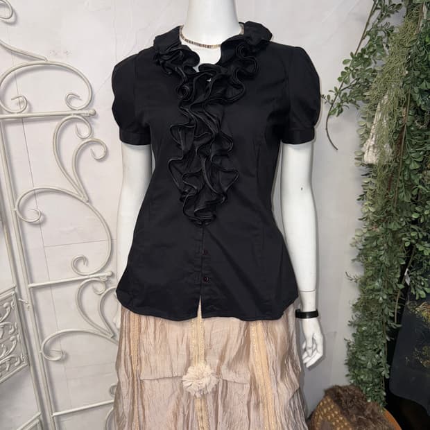 Black ruffle collar half button blouse