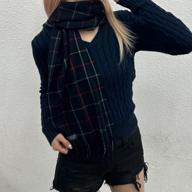 버버리 레드 타탄체크 네이비 캐시미어 머플러